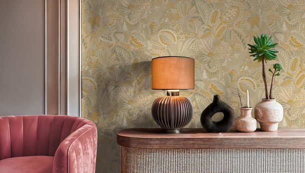 Non-woven wallpaper leaves beige cream yellow 78025-4