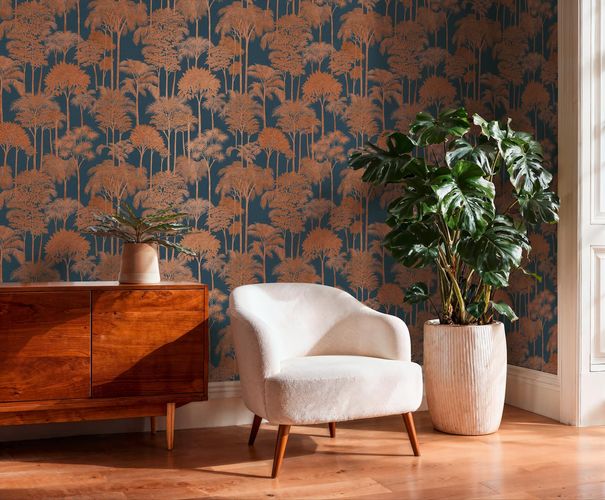 Non-woven wallpaper Palm Tree Blue Bronze Metallic 79162-4