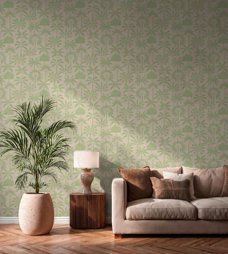 Non-woven wallpaper leaves palm trees beige green 79163-2