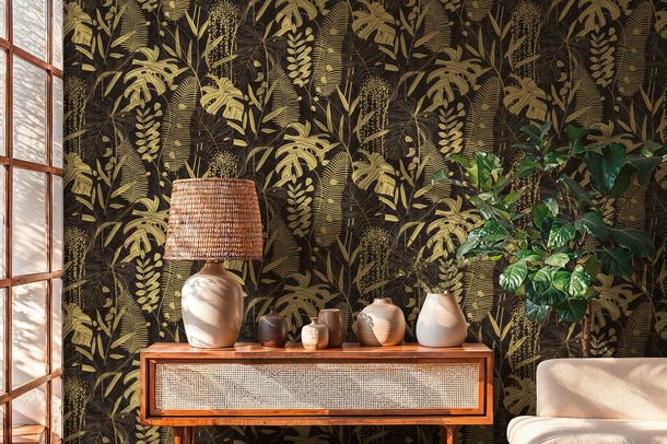 Non-woven wallpaper leaves black gold metallic 79164-3