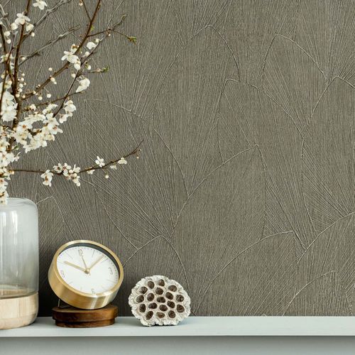 Non-woven wallpaper leaf pattern texture brown grey 35384