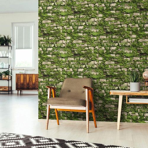 Non-woven wallpaper stone look moss green beige 45732