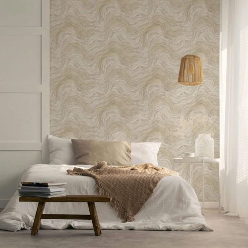 Non-woven wallpaper with marble look waves beige-grey 45757