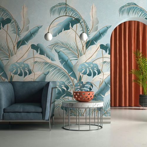 Photo Wallpaper Leaves Tropical Jungle Blue Grey 42221