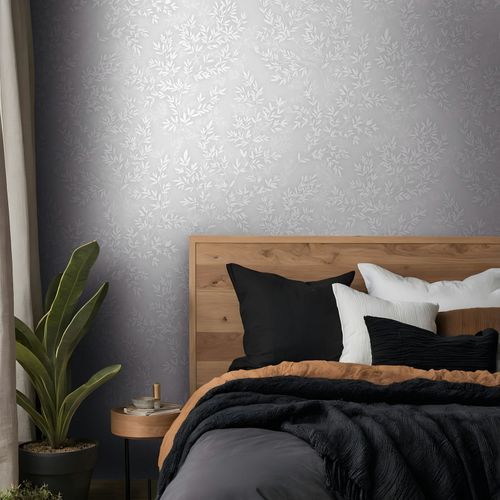 Non-woven Wallpaper Floral Leaves Light Grey White 89025