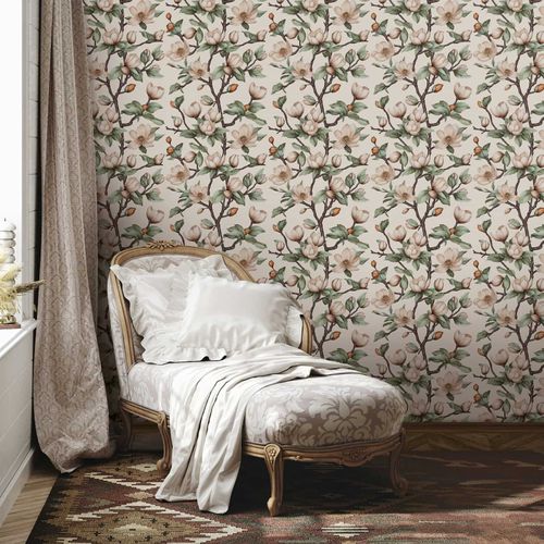 Non-woven Wallpaper Flowers Twigs Cream Beige Green 89034
