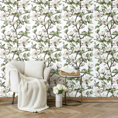 Non-woven Wallpaper Flowers White Green Brown 89038