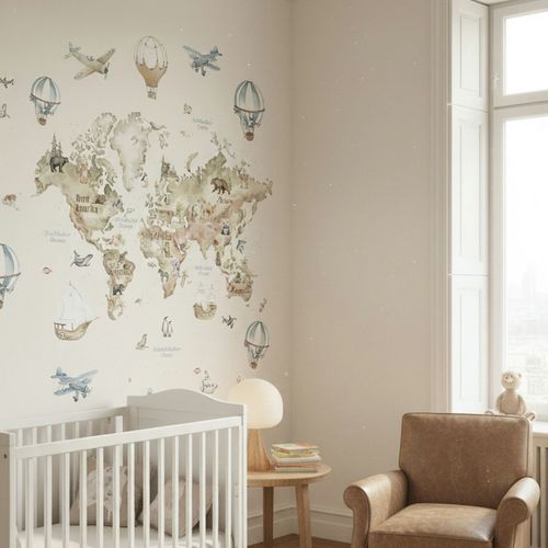 Photo Wallpaper World Map Watercolor Beige Green Blue 96469