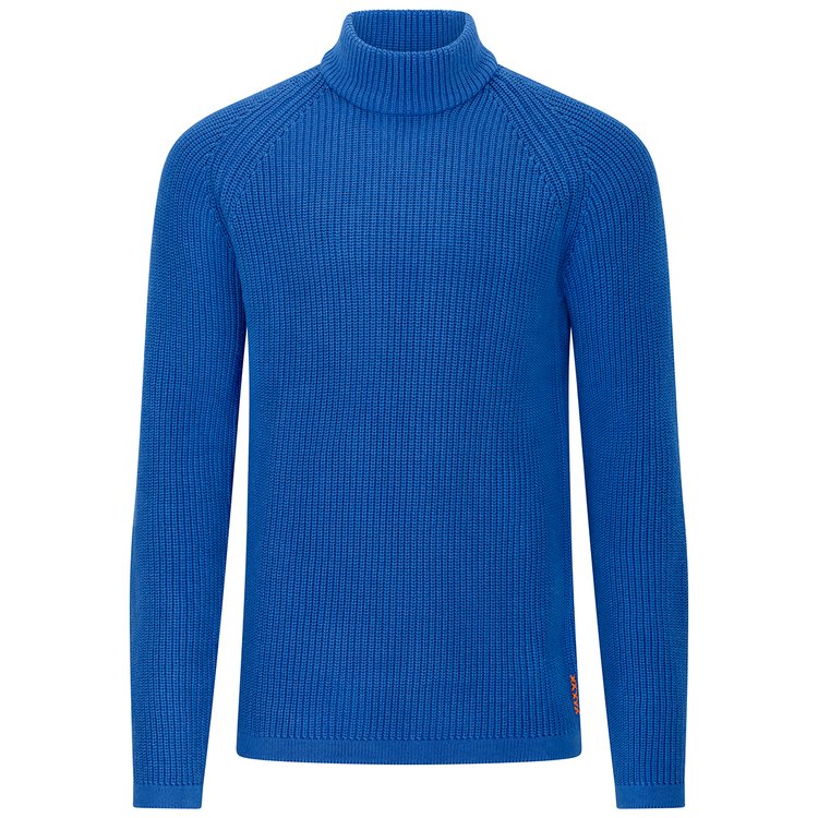 Extra langer Grobstrick-Pullover mit Stehkragen - blau