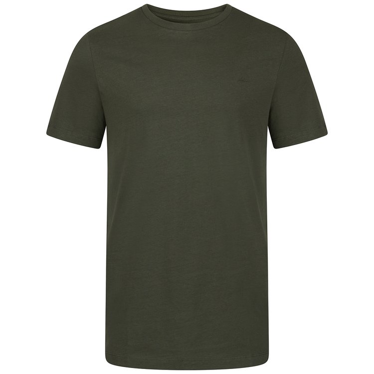 Extra langes T-Shirt in oliv mit Rundhals-Ausschnitt und dezentem Logo auf der Brust.