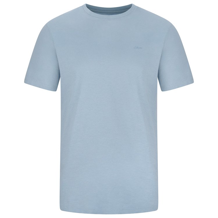 T Shirt extra long in hellem rauchblau mit Rundhals und dezentem Logo auf Brusthöhe.