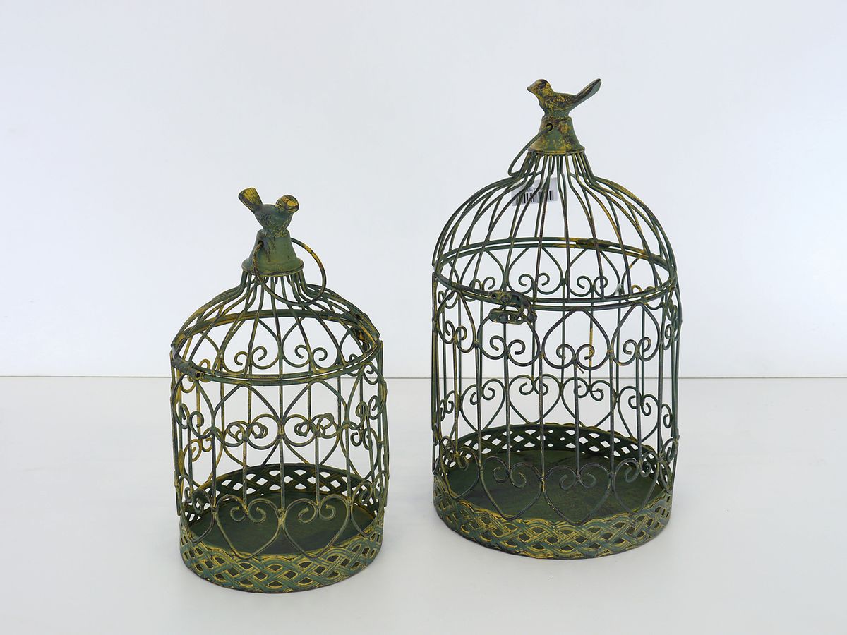 Blumenampel Metall Vogelkäfig grün 2er Set Vintage (11142) | Antike Möbel
