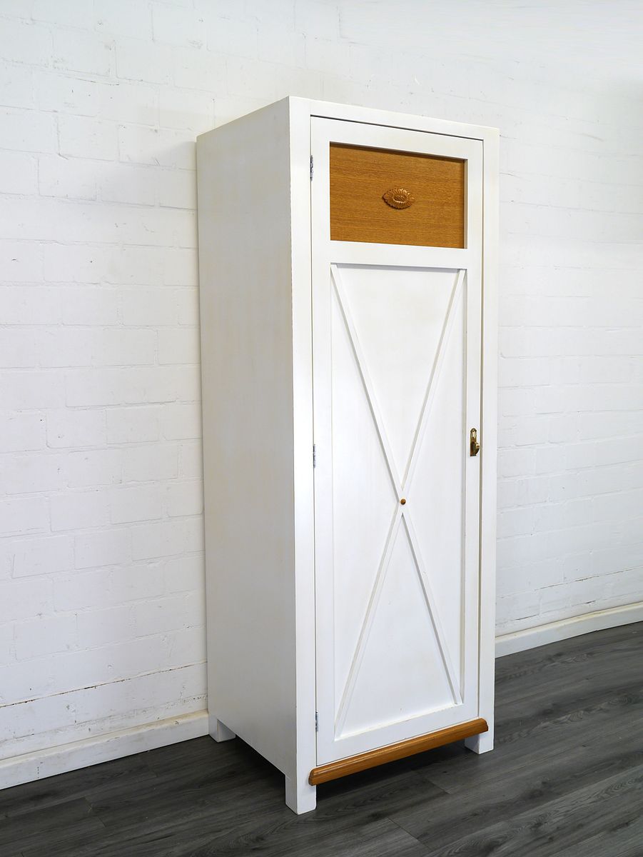 Schmaler Schrank aus Weichholz in Shabby Chic weiß B: 75 cm -11262- | Antike Möbel