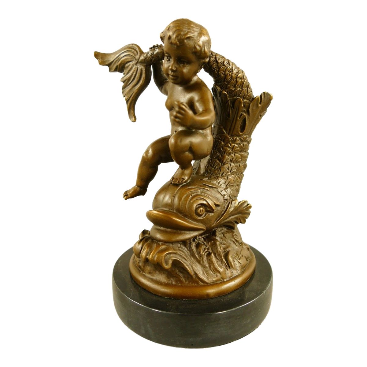 Bronzefigur Kind mit Fischen 16 cm Skulptur Brunnenfigur Ant