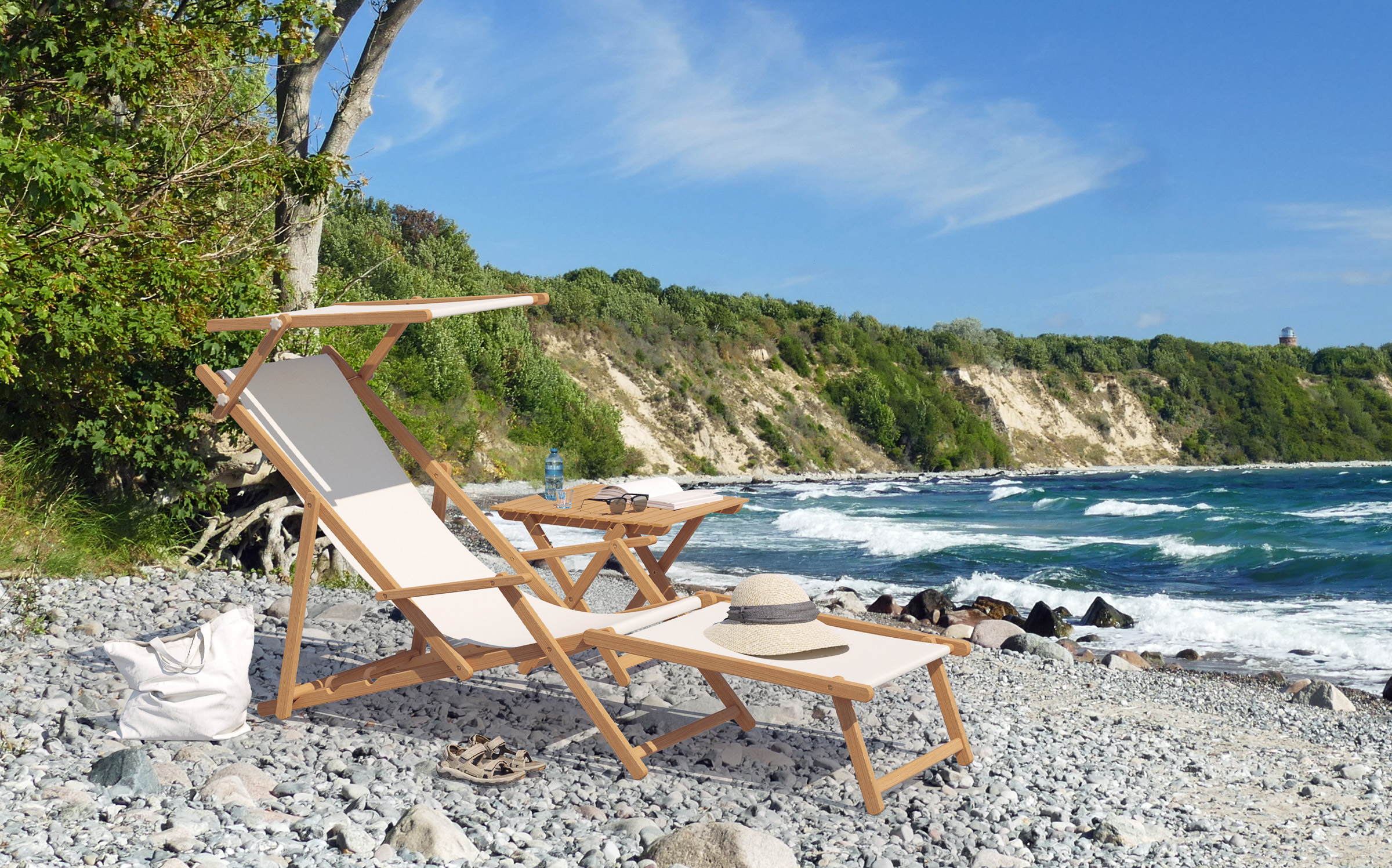 Holz-Liegestuhl Natur Klappstuhl Strand-Liege Stofffarbe Weiß