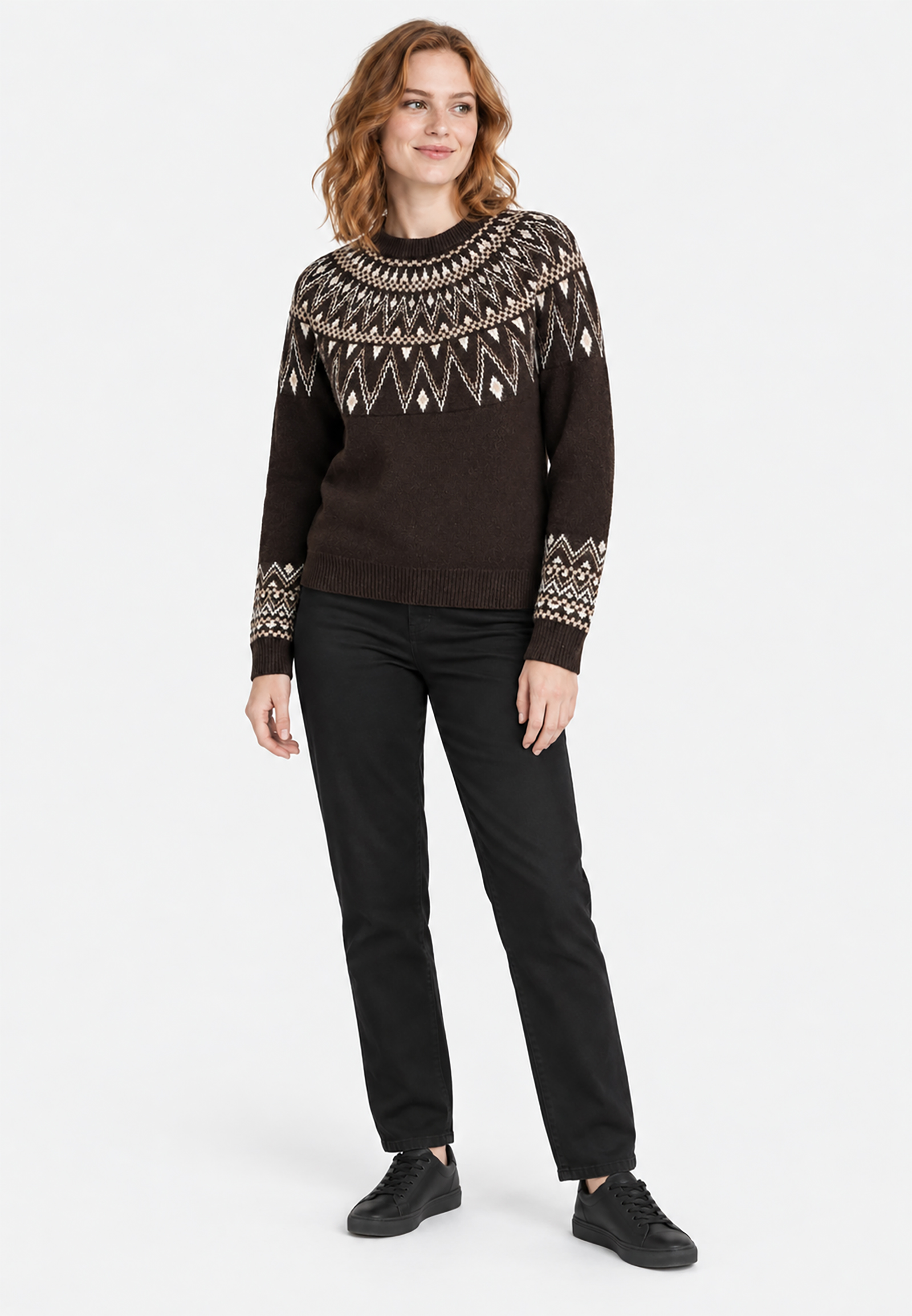 Strickpullover mit Rundhalsausschnitt und Norwegermuster Strickpullover mit Rundhalsausschnitt und Norwegermuster