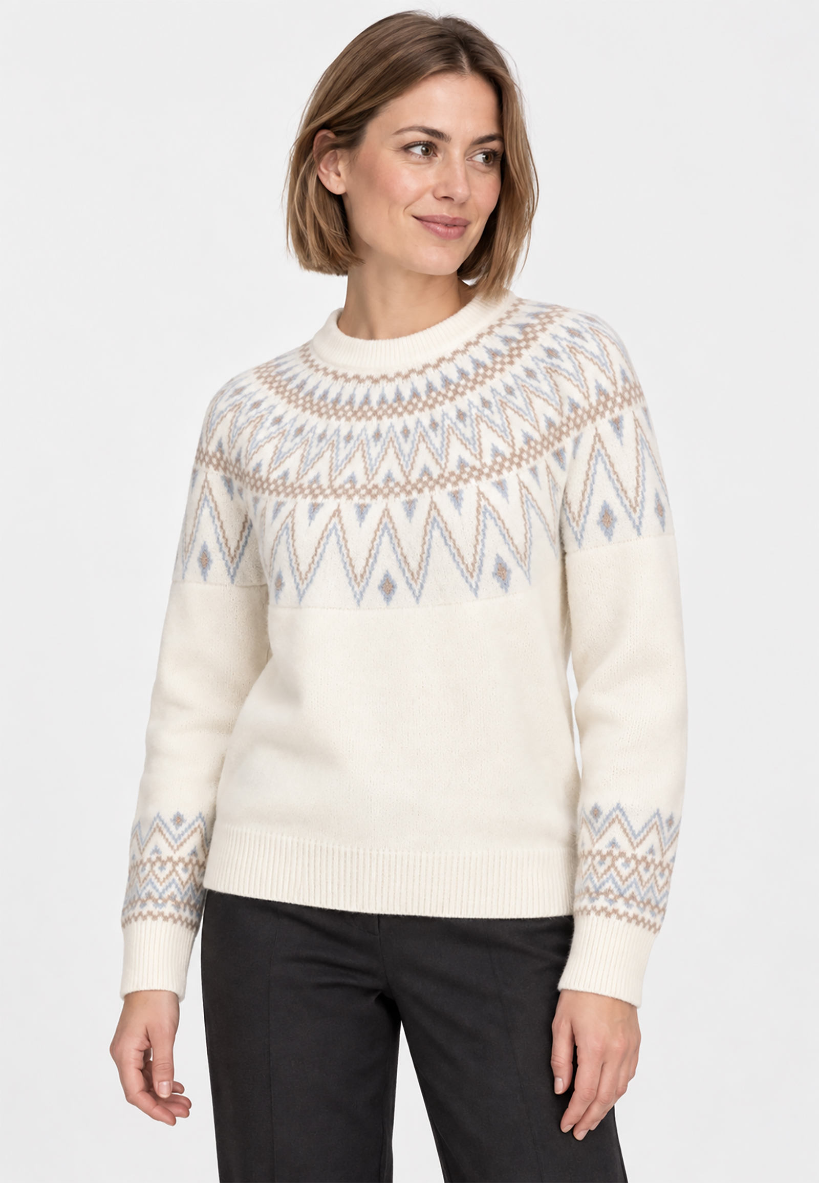 Strickpullover mit Rundhalsausschnitt und Norwegermuster Strickpullover mit Rundhalsausschnitt und Norwegermuster