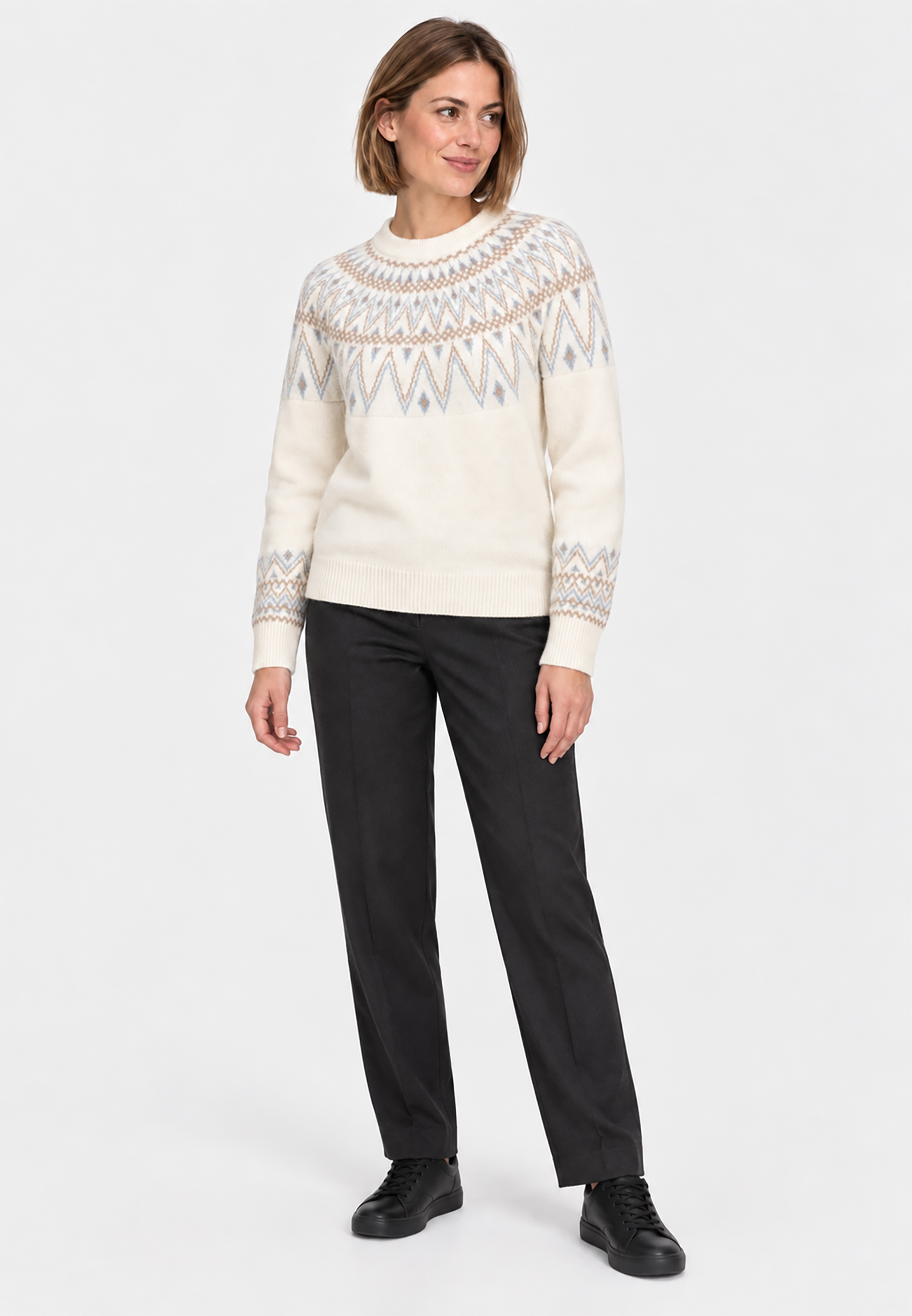Strickpullover mit Rundhalsausschnitt und Norwegermuster Strickpullover mit Rundhalsausschnitt und Norwegermuster