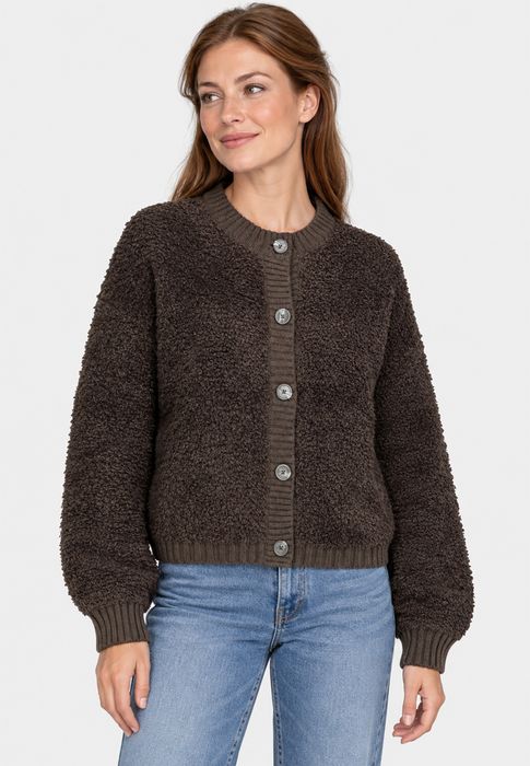 Elegante Strickjacke Knopfleiste Rundhalsausschnitt, Farbe: Dunkelbraun