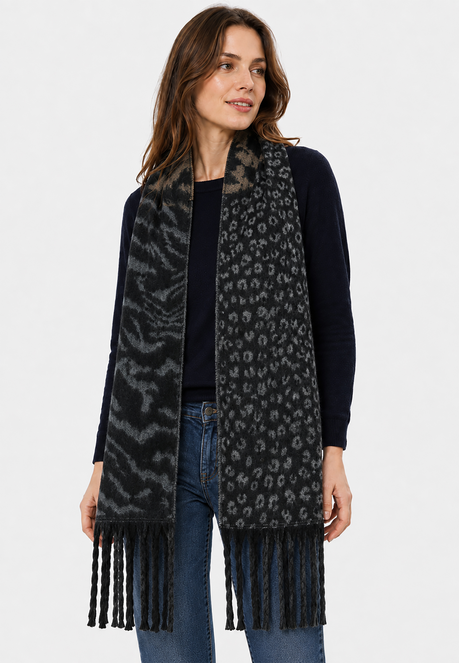 Schal Animalmuster Leo Zebra Kontrastdesign Lange Fransen Schal Animalmuster Leo Zebra Kontrastdesign Lange Fransen