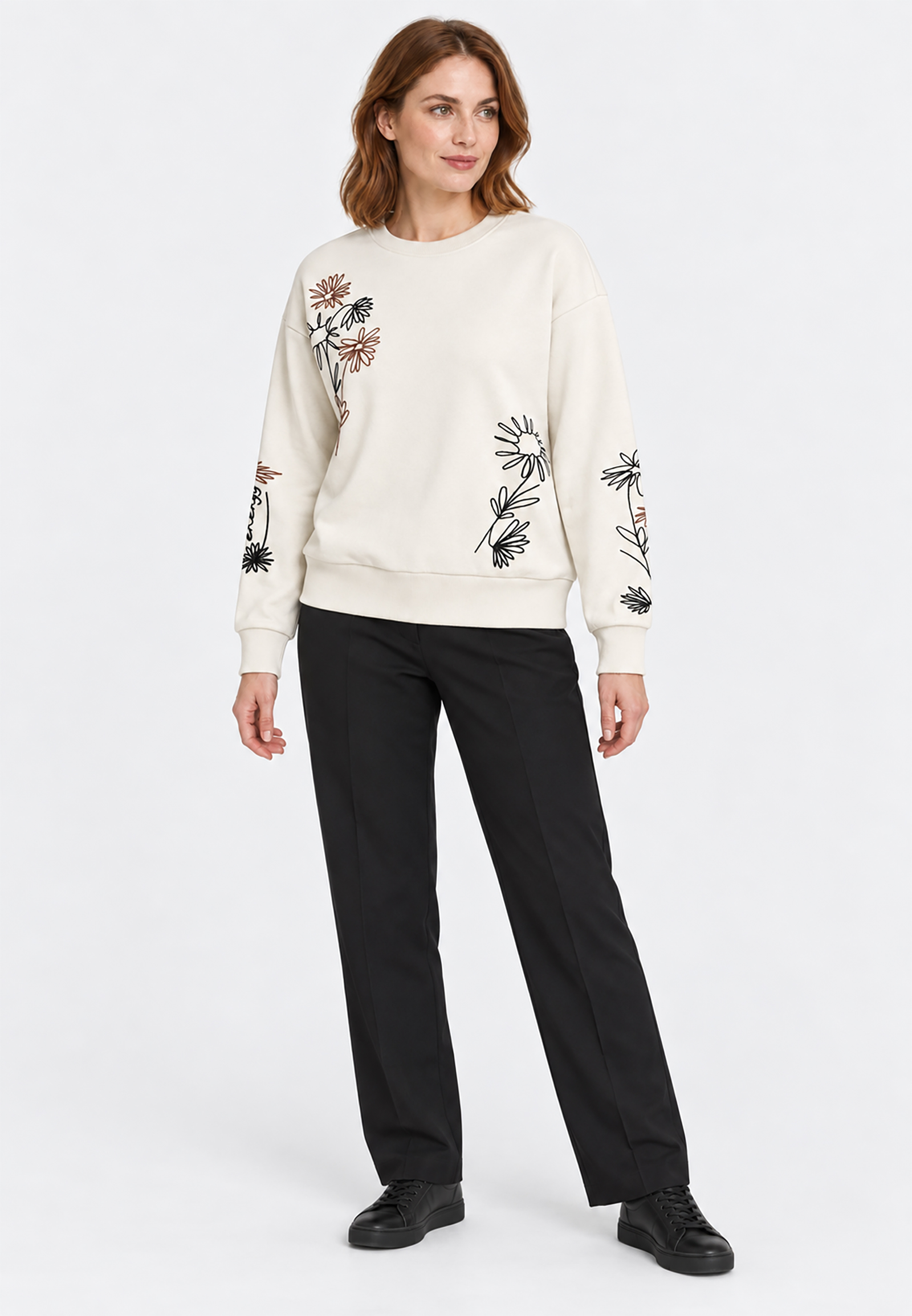 Stylischer Pullover Rundhals Blumenstickerei Langarm Stylischer Pullover Rundhals Blumenstickerei Langarm