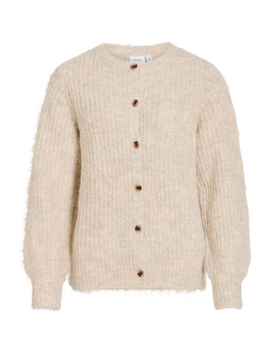 Vila Modische Strickjacke Rundhals Knopfleiste Ballonärmel – Natur, Bild 3
