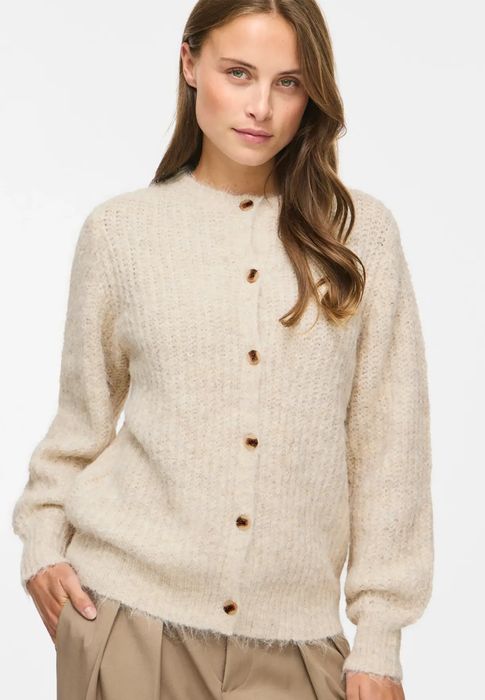 Vila Modische Strickjacke Rundhals Knopfleiste Ballonärmel – Natur, Bild 5