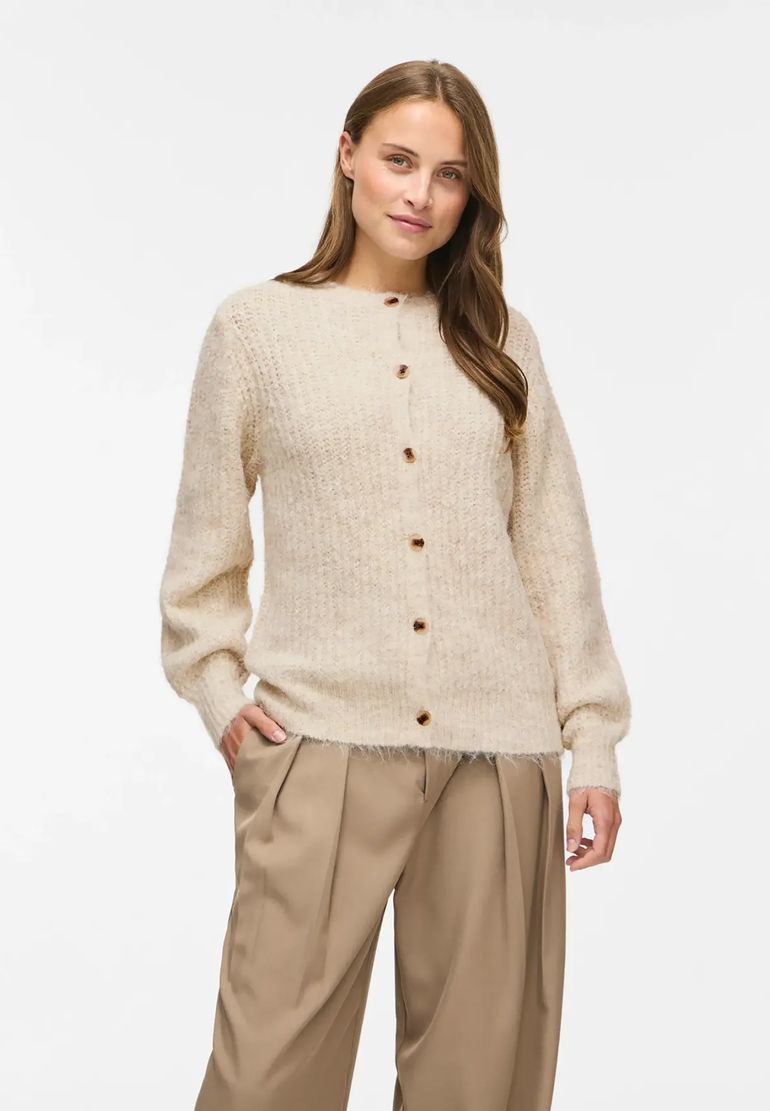 Vila Modische Strickjacke Rundhals Knopfleiste Ballonärmel – Natur, Bild 1