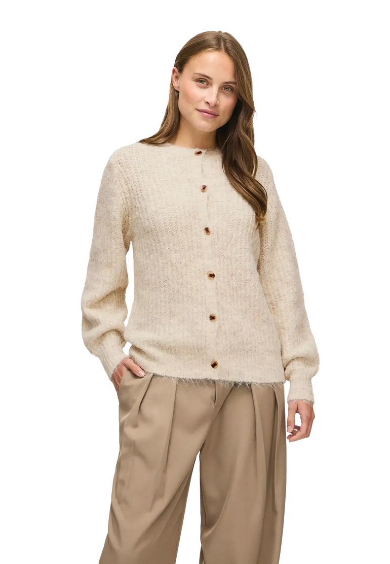 Vila Modische Strickjacke Rundhals Knopfleiste Ballonärmel – Natur, Bild 2