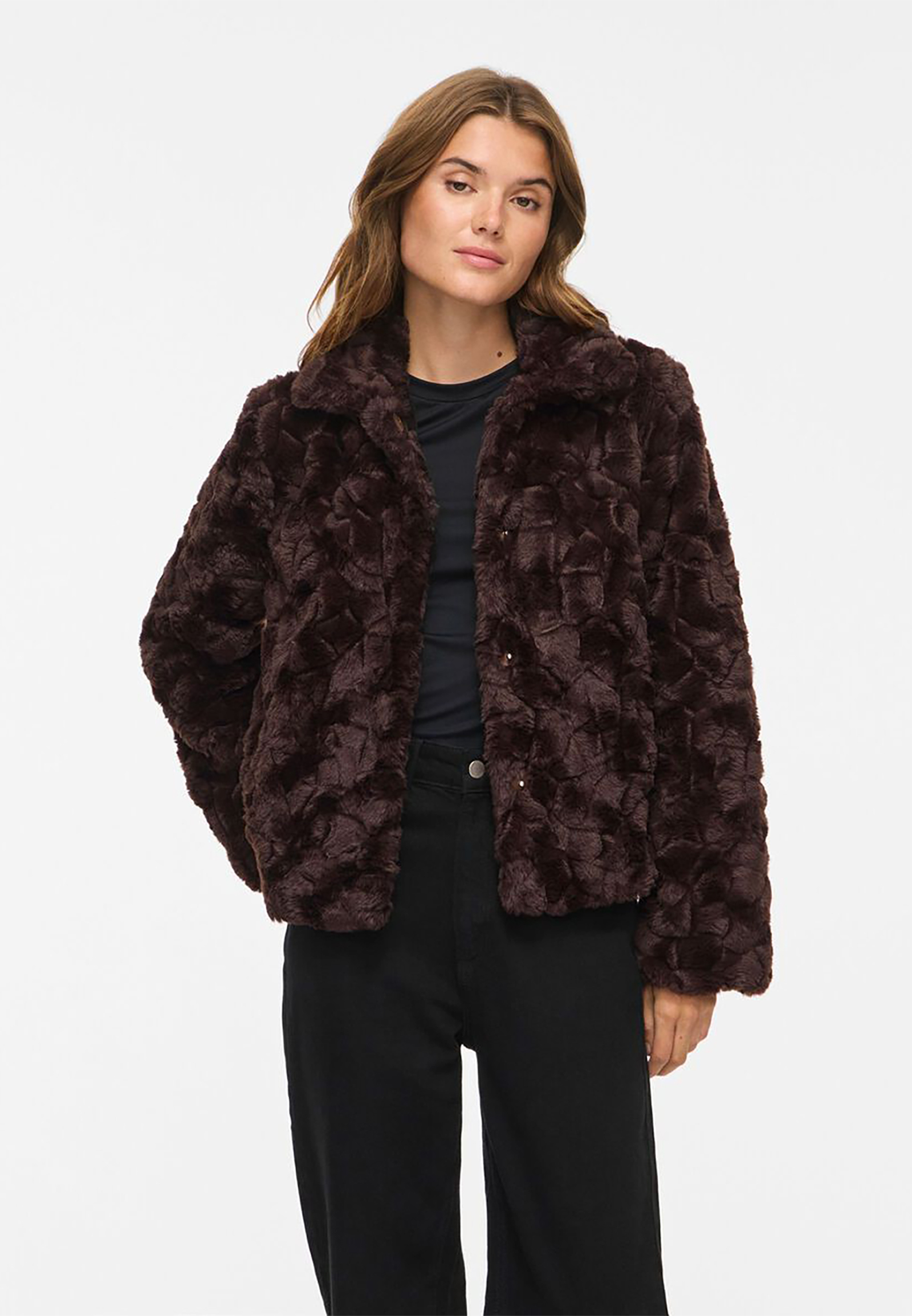 Stilvolle Jacke Kunstfell Langarm Knopfleiste Unifarben Stilvolle Jacke Kunstfell Langarm Knopfleiste Unifarben