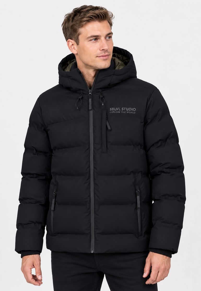 Sublevel Winterjacke Kapuze Steppoptik Brusttasche Rippbündchen – Schwarz, Bild 2