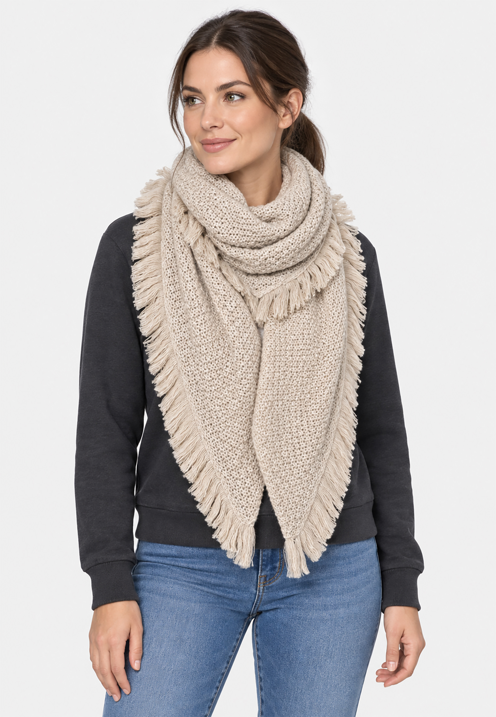 Dreieckstuch Offene Strickstruktur Umlaufender Fransenrand Dreieckstuch Offene Strickstruktur Umlaufender Fransenrand