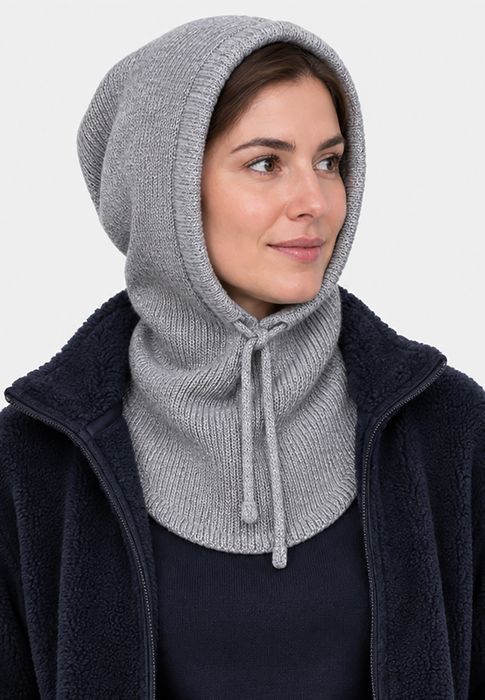 Balaklava Strickmütze Rippstruktur Kordelzug Halswärmer, Farbe: Grau