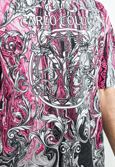 Carlo Colucci Carlo Colucci Kurzarm T-Shirt Rundhalsausschnitt Ornamentprint – Schwarz-Pink, Bild 4
