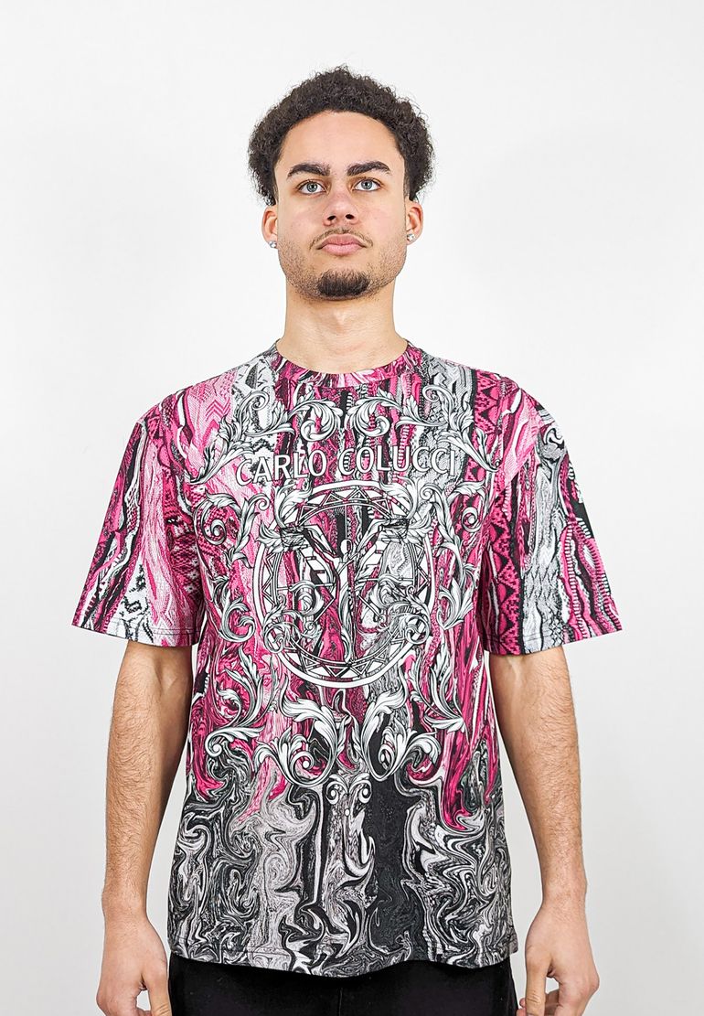 Carlo Colucci Carlo Colucci Kurzarm T-Shirt Rundhalsausschnitt Ornamentprint – Schwarz-Pink, Bild 2