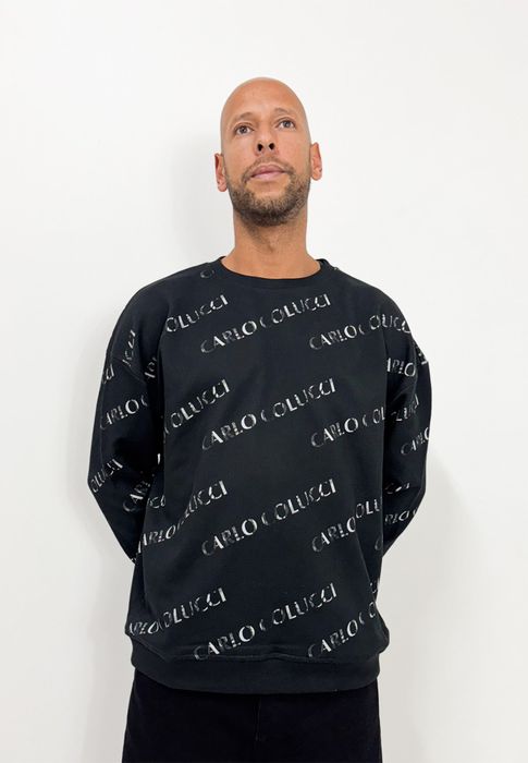Carlo Colucci Bequemes Sweatshirt Alloverlogoprint Rippbündchen, Farbe: Schwarz