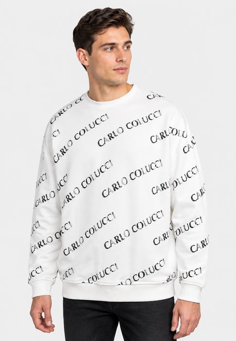 Carlo Colucci Bequemes Sweatshirt Alloverlogoprint Rippbündchen, Farbe: Weiß
