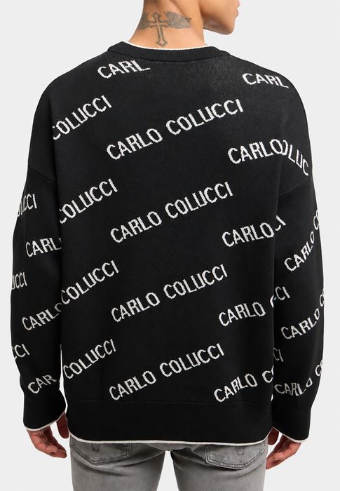 Carlo Colucci Strickpullover Allover Logomuster Rundhals Rippbündchen – Schwarz, Bild 5