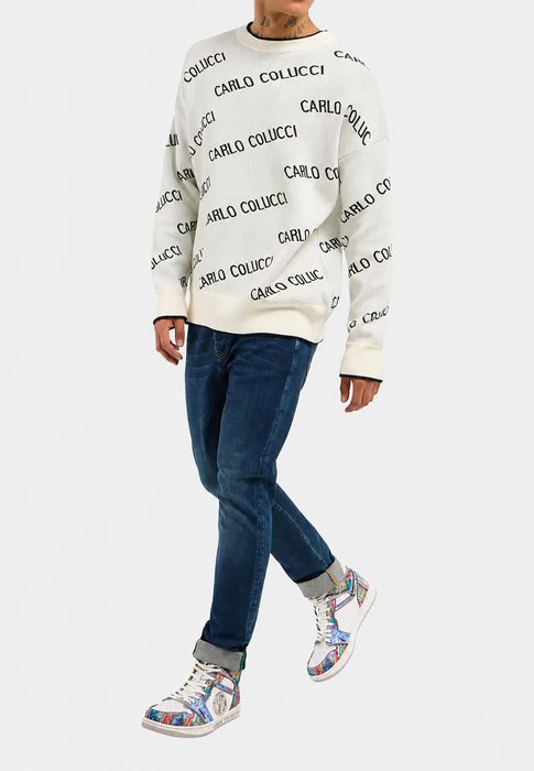 Carlo Colucci Strickpullover Allover Logomuster Rundhals Rippbündchen – Weiß, Bild 3