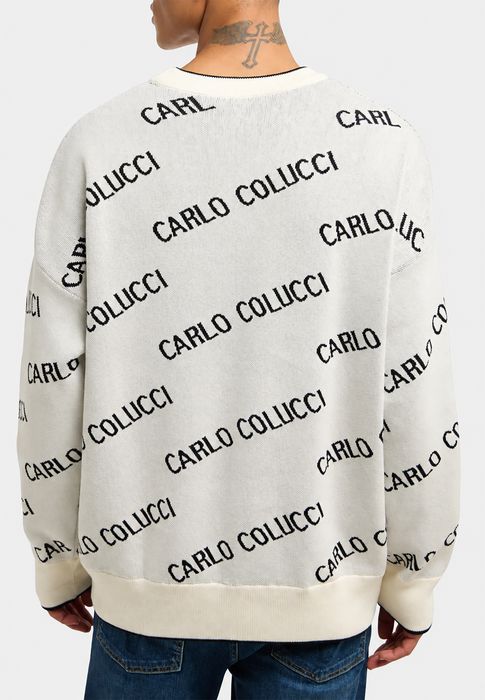 Carlo Colucci Strickpullover Allover Logomuster Rundhals Rippbündchen – Weiß, Bild 5