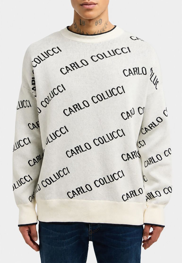 Carlo Colucci Strickpullover Allover Logomuster Rundhals Rippbündchen – Weiß, Bild 2
