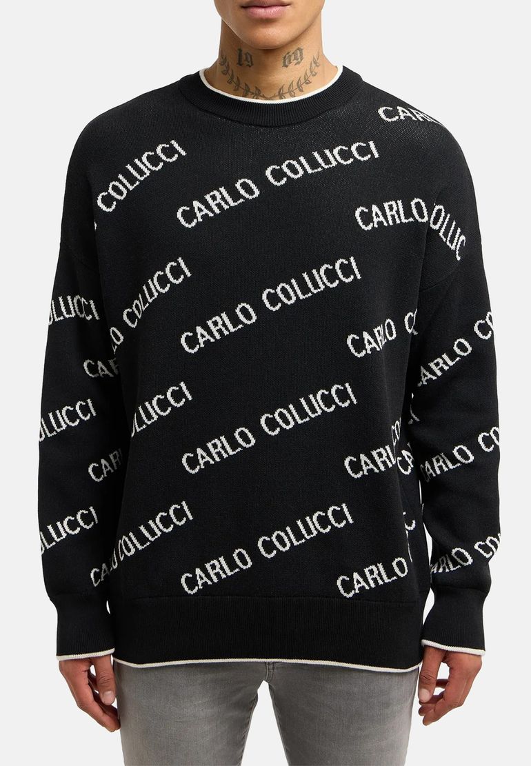 Carlo Colucci Strickpullover Allover Logomuster Rundhals Rippbündchen – Schwarz, Bild 2