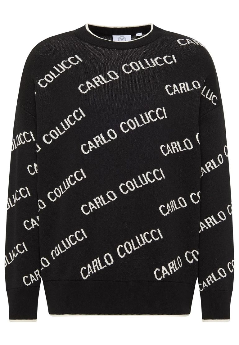Carlo Colucci Strickpullover Allover Logomuster Rundhals Rippbündchen – Schwarz, Bild 1