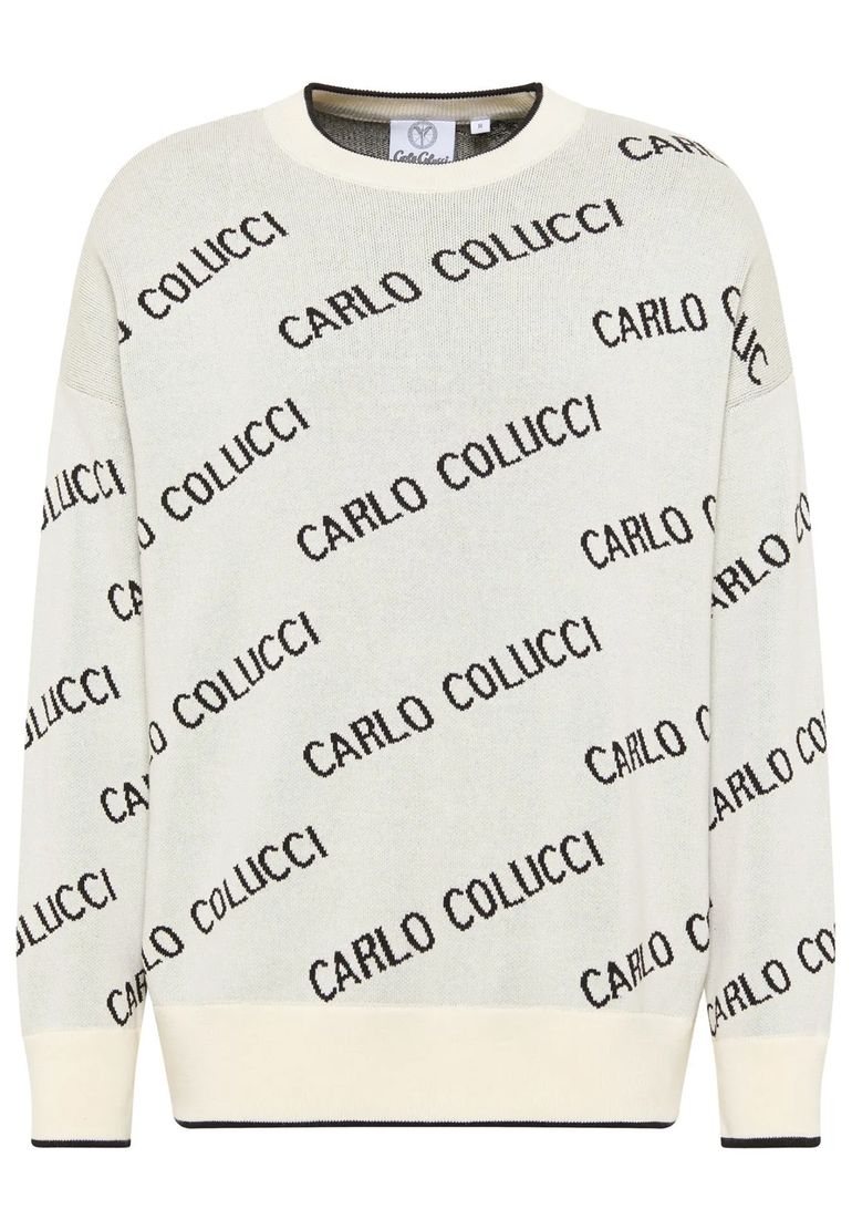 Carlo Colucci Strickpullover Allover Logomuster Rundhals Rippbündchen – Weiß, Bild 1