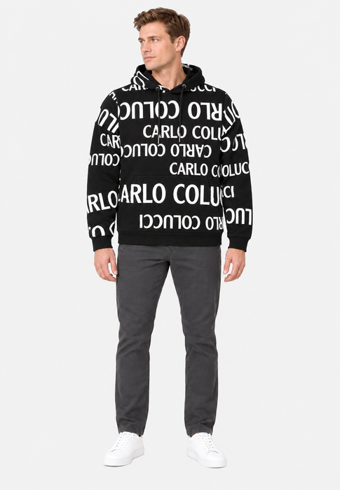 Carlo Colucci Kapuzenpullover Allover Logoprint Kordelzug Rippbündchen – Schwarz, Bild 4
