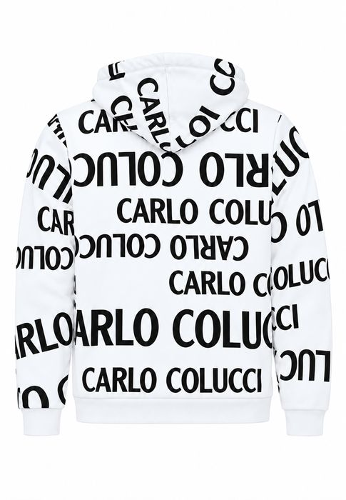 Carlo Colucci Kapuzenpullover Allover Logoprint Kordelzug Rippbündchen – Weiß, Bild 6