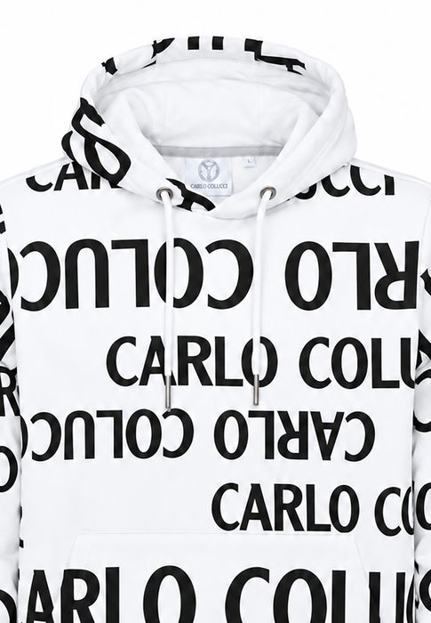 Carlo Colucci Kapuzenpullover Allover Logoprint Kordelzug Rippbündchen – Weiß, Bild 3