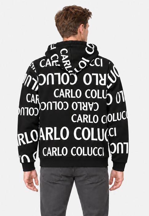 Carlo Colucci Kapuzenpullover Allover Logoprint Kordelzug Rippbündchen – Schwarz, Bild 5