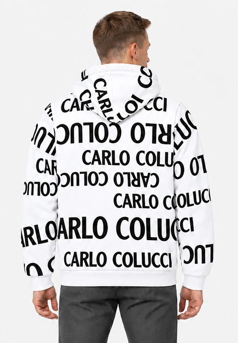 Carlo Colucci Kapuzenpullover Allover Logoprint Kordelzug Rippbündchen – Weiß, Bild 5