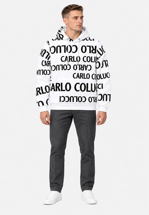Carlo Colucci Kapuzenpullover Allover Logoprint Kordelzug Rippbündchen – Weiß, Bild 4